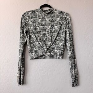 Buff Bunny Collection Mock Neck Twist Front Crop Top Black White Print Medium